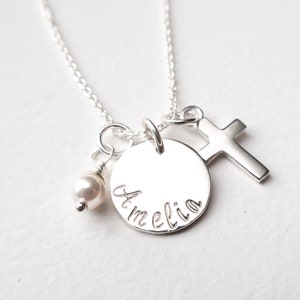 Sterling Silver Cross Necklace Personalized with Name and Pearl or Birthstone Charm, First Communion or Confirmation Gift For Girl