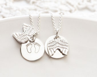 Miscarriage Necklace in Sterling Silver, Baby Footprints and Angel Wings Locket, Remembrance Jewelry