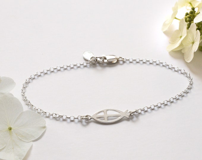 Christian Fish Bracelet in Sterling Silver, Tiny Sideways Ichthus with Cross