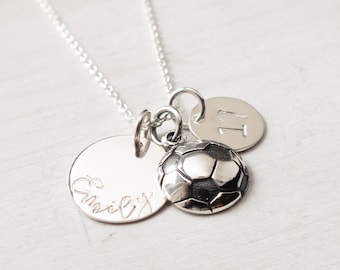 Personalized Soccer Necklace for Girl, Sterling Silver, Hand Stamped Name or Initial and Player Number, Soccer Team, Sport Jewelry