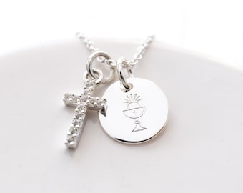 Dainty First Communion Necklace for Girl, Tiny Cross and Communion Chalice Necklace, Sterling Silver, Holy Communion Gift for Girl