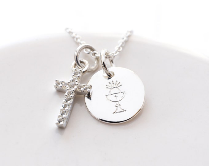 Dainty First Communion Necklace for Girl, Tiny Cross and Communion Chalice, Sterling Silver