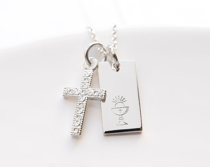 Dainty Cross and Communion Chalice Necklace, Sterling Silver, First Communion Necklace for Girl