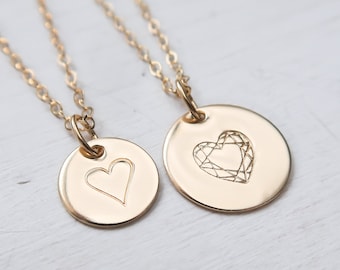 Dainty Gold Heart Necklace, Gold Filled, Hand Stamped Disc