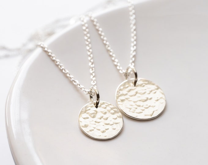 Mother Daughter Necklace Set, Hammered Disc, 2 Matching Necklaces, Mother Daughter Jewelry, Minimalist Jewelry, Dainty, Sterling Silver