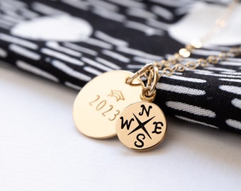 Graduation Necklace for Her, Tiny Compass and Graduation Year, Gold Filled and Bronze, Gift for Highschool or College Graduate