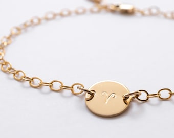 Dainty Zodiac Bracelet in Gold Filled, Zodiac Sign Bracelet, Hand Stamped Zodiac Coin, Gift for Her