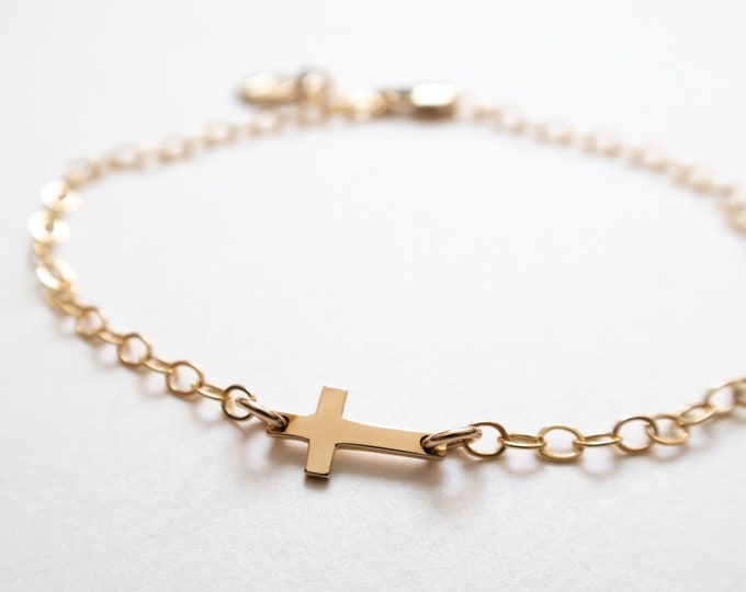 Gold Filled Sideways Cross Bracelet, Dainty, Minimal Jewelry for Everyday Wear