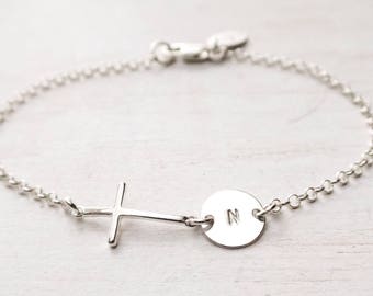 Sideways Cross Bracelet, Personalized with Initial, Sterling Silver