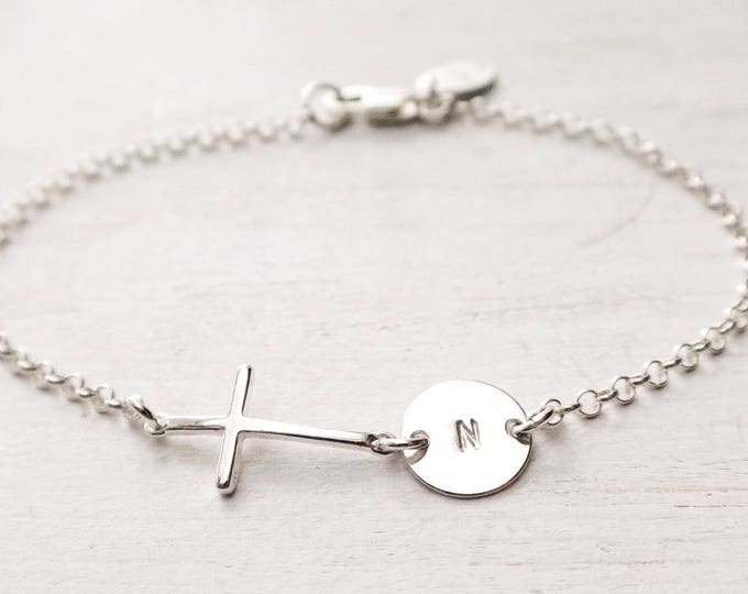 Sterling Silver Sideways Cross Bracelet Personalized with Initial