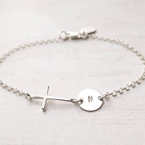 Sideways Cross Bracelet, Personalized with Initial, Sterling Silver