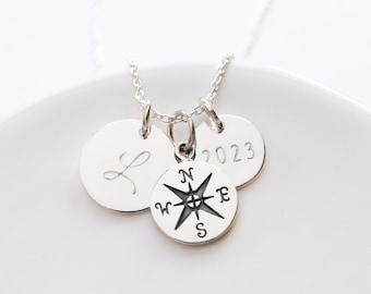 Graduation Gift for Her, Sterling Silver Compass Necklace, Personalized with Year and Initial, College Graduation 2024, Gift for Graduate