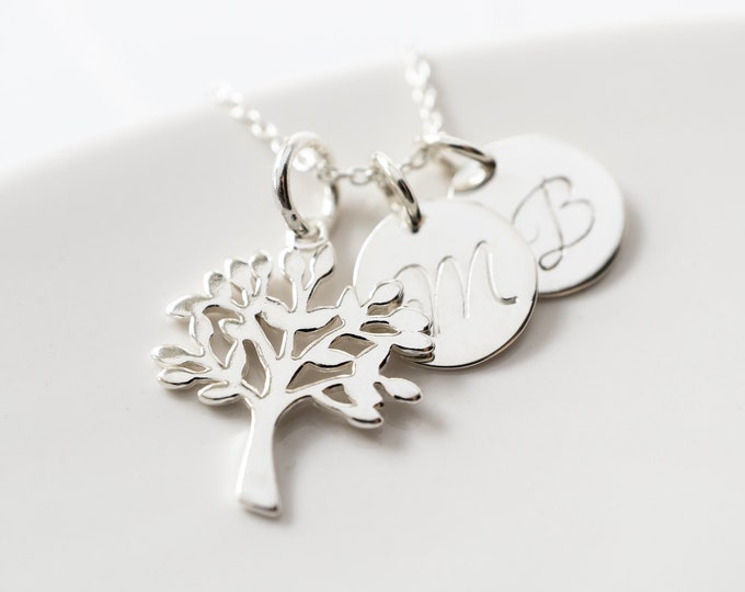 Family Tree Necklace Personalized with Kids Initials, Sterling Silver