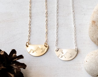 Mountains Necklace, Gold Filled or Sterling Silver, Dainty, Half Circle Necklace, Wanderlust, Gift for Mountain Lover
