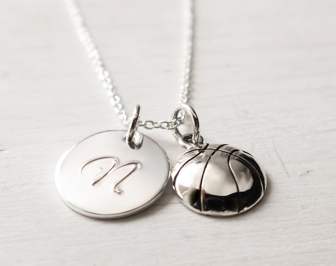 Personalized Basketball Necklace for Girl, Sterling Silver, Name or Initial and Player Number
