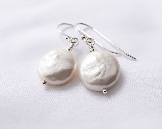 Coin Pearl Earrings in Sterling Silver, White Freshwater Pearl Dangle Earrings, Modern Pearl Jewelry, Gift for Her