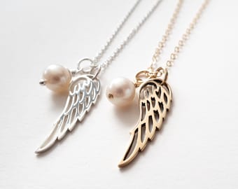 Angel Wing Necklace, Sterling Silver or Gold Filled, Memorial Jewelry