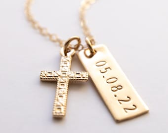 Personalized Cross Necklace, Gold Filled Cross and Date Charm, First Communion Gift for Girl