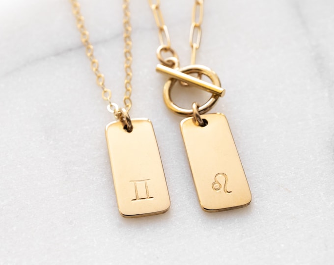 Gold Filled Zodiac Necklace on Paperclip Toggle Chain OR Cable Chain, Rectangle Zodiac Sign Charm