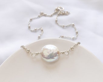 Coin Pearl Choker Necklace, Sterling Silver, White Freshwater Pearl Necklace