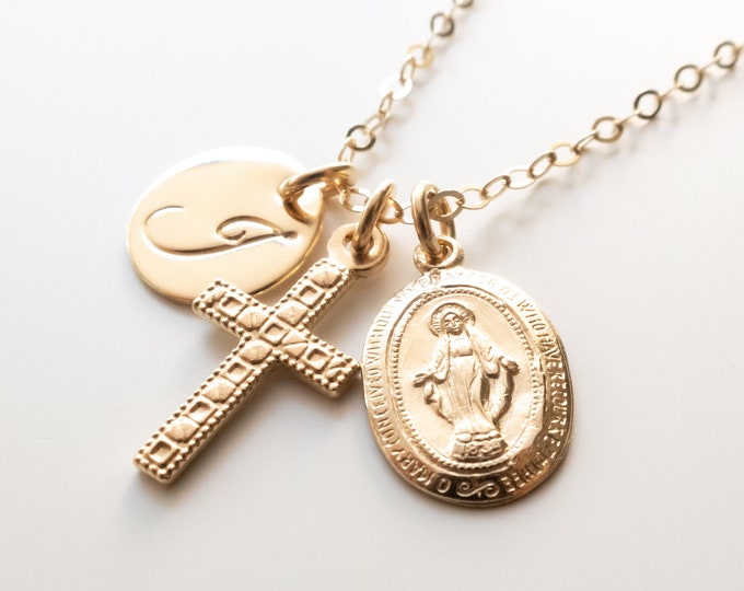 Personalized Cross and Miraculous Medal Necklace, Gold Filled, First Communion Gift for Girl