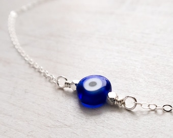 Evil Eye Necklace, Sterling Silver, Evil Eye Choker, Blue, Turkish Evil Eye, Protection Necklace, Amulet, Dainty, Gift for Her