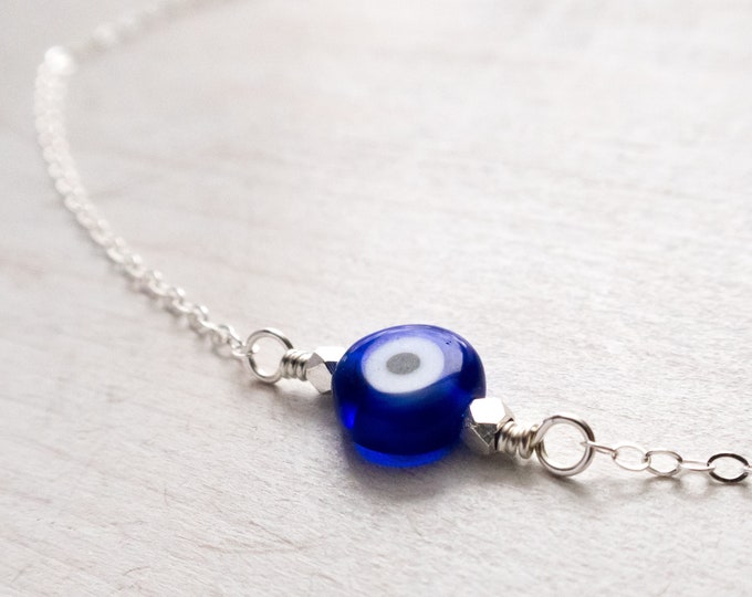 Evil Eye Necklace, Sterling Silver,  Blue Evil Eye Choker, Protection Necklace, Gift for Her