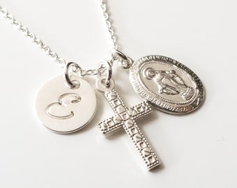 Personalized  Miraculous Medal and Cross Necklace, Sterling Silver