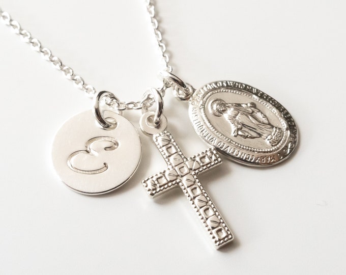 Miraculous Medal and Cross Necklace, Personalized with Initial, Sterling Silver