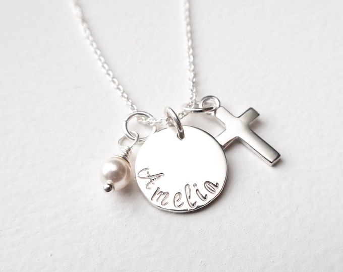 Sterling Silver Cross Necklace Personalized with Name and Pearl or Birthstone Charm, First Communion or Confirmation Gift For Girl