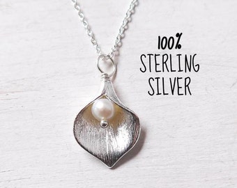 Calla Lily Necklace with Freshwater Pearl, All Sterling Silver