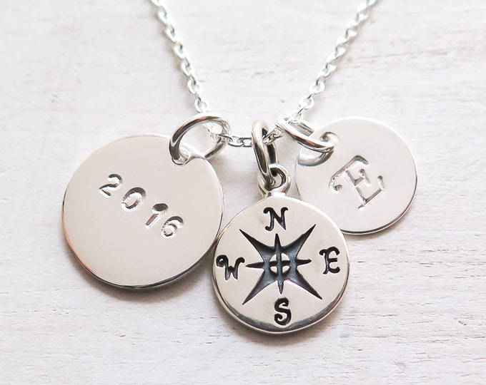 Graduation Gift for Her, Sterling Silver Compass Necklace, Personalized with Year and Initial, College Graduation 2022, Gift for Graduate