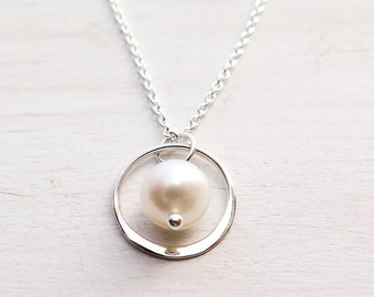 Circle Necklace, Circle and Pearl, Eternity Necklace, Pearl Choker, White Freshwater Pearl, June Birthstone, Dainty, Sterling Silver