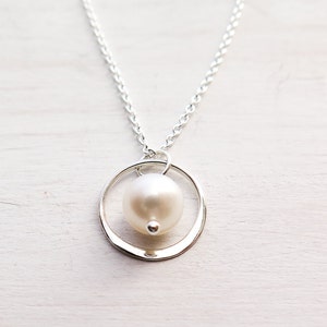 Circle Necklace, Circle and Pearl, Eternity Necklace, Pearl Choker, White Freshwater Pearl, June Birthstone, Dainty, Sterling Silver