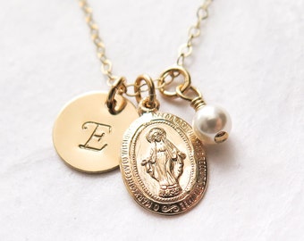 Miraculous Medal Necklace Personalized with Initial, Gold Filled, First Communion Gift for Girl, Virgin Mary Necklace, Catholic Jewelry