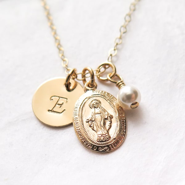 Collar de medalla milagrosa personalizado con inicial, relleno de oro, regalo de primera comunión para niña, collar de la Virgen María, joyería católica