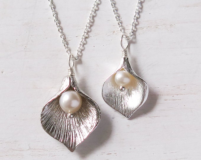 Mother Daughter Necklace Set, Sterling Silver, Calla Lily Pearl Pendants
