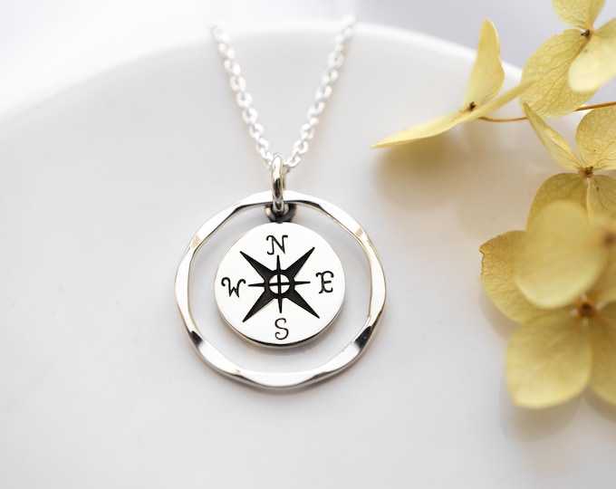 Sterling Silver Compass Necklace, Personal Growth and Intention Jewelry