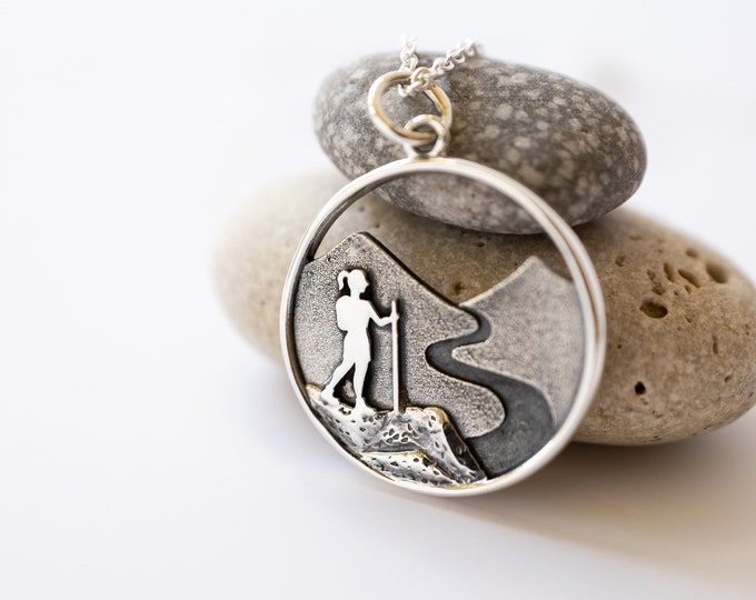 Hiker Girl Necklace in Sterling Silver, Adventure and Wanderlust Jewelry