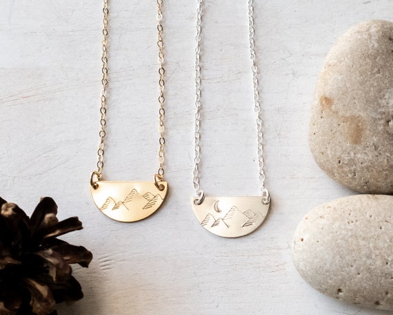 Hand Stamped Mountain Necklace, Sterling Silver or Gold Filled