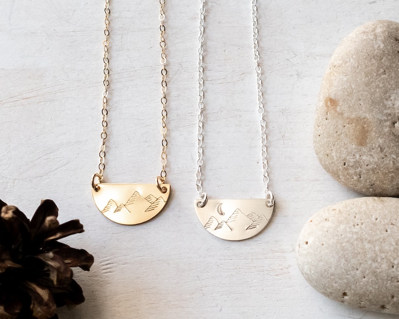 Mountain Necklace, Gold Filled or Sterling Silver, Dainty, Half Circle Necklace, Wanderlust, Gift for Her image 1
