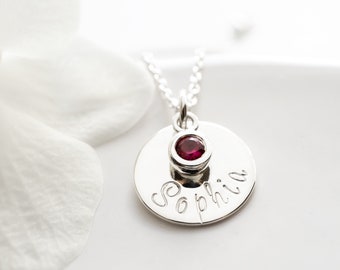 Name and Birthstone Necklace, Sterling Silver, Dainty Personalized Disc Jewelry, Gift for Her