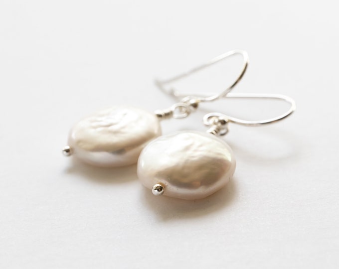 Coin Pearl Dangle Earrings in Sterling Silver