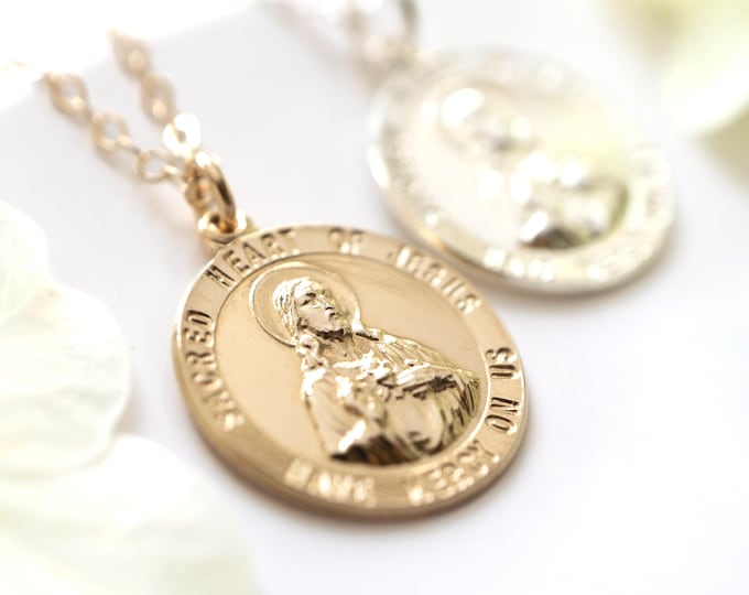 Sacred Heart of Jesus Medallion Necklace, Sterling Silver or Gold Filled