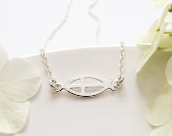Dainty Sideways Ichthus Necklace, Sterling Silver