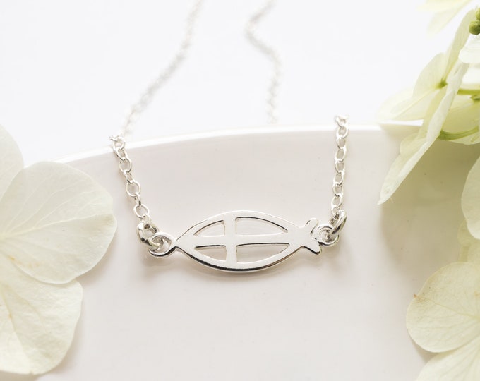 Dainty Sideways Ichthus Necklace, Sterling Silver