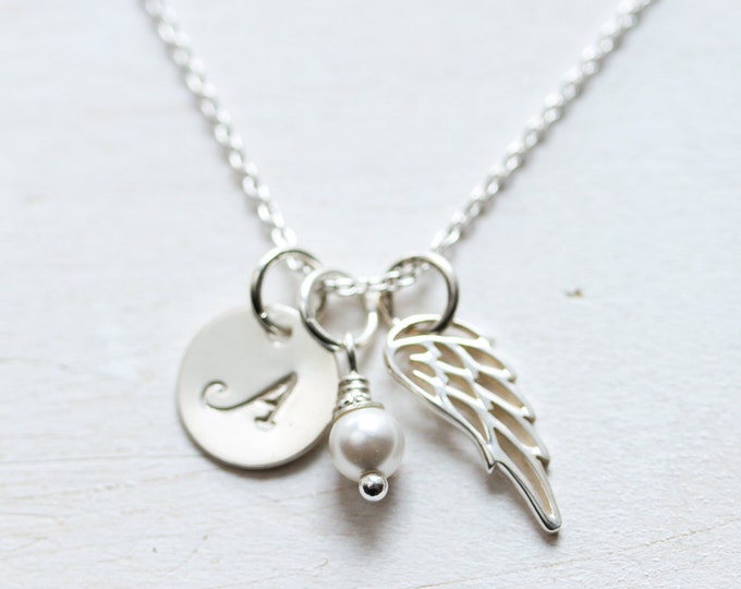 Angel Wing Necklace Personalized with Initial, Sterling Silver, First Communion Gift for Girl