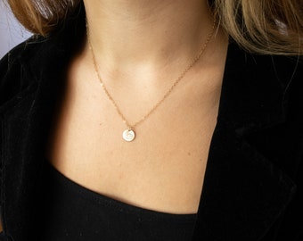 Tiny Initial Necklace in Gold Filled, Personalized Coin Necklace