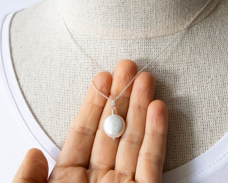Coin Pearl Necklace, Sterling Silver, White Freshwater Pearl Pendant, Single Pearl Necklace, June Birthstone, Gift for Her image 8