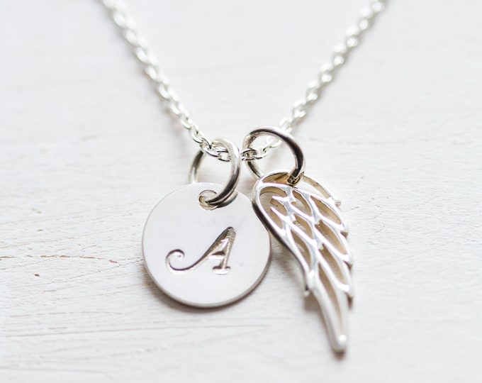 Personalized First Communion Gift, Initial Necklace with Angel Wing, Sterling Silver, Personalized Jewelry, Dainty First Communion Necklace